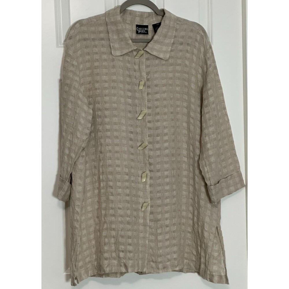 Crossing Pointe Textured Linen Tunic Shirt L Beige Coastal Travel Beachy Neutral